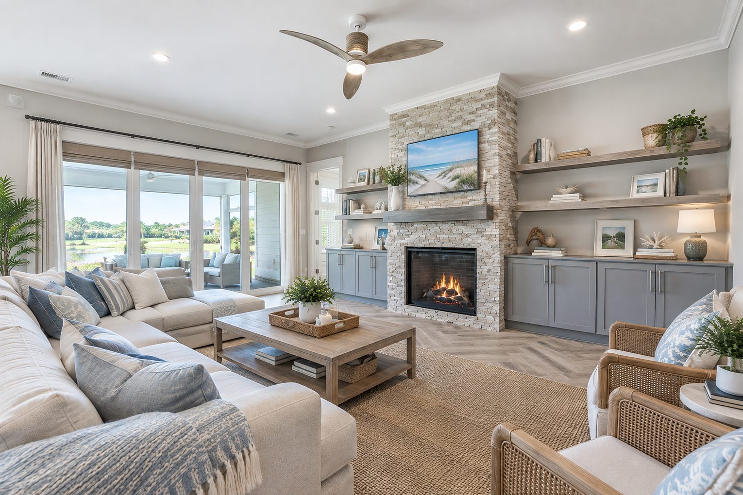 A bright coastal living room with a fireplace and a view of the water