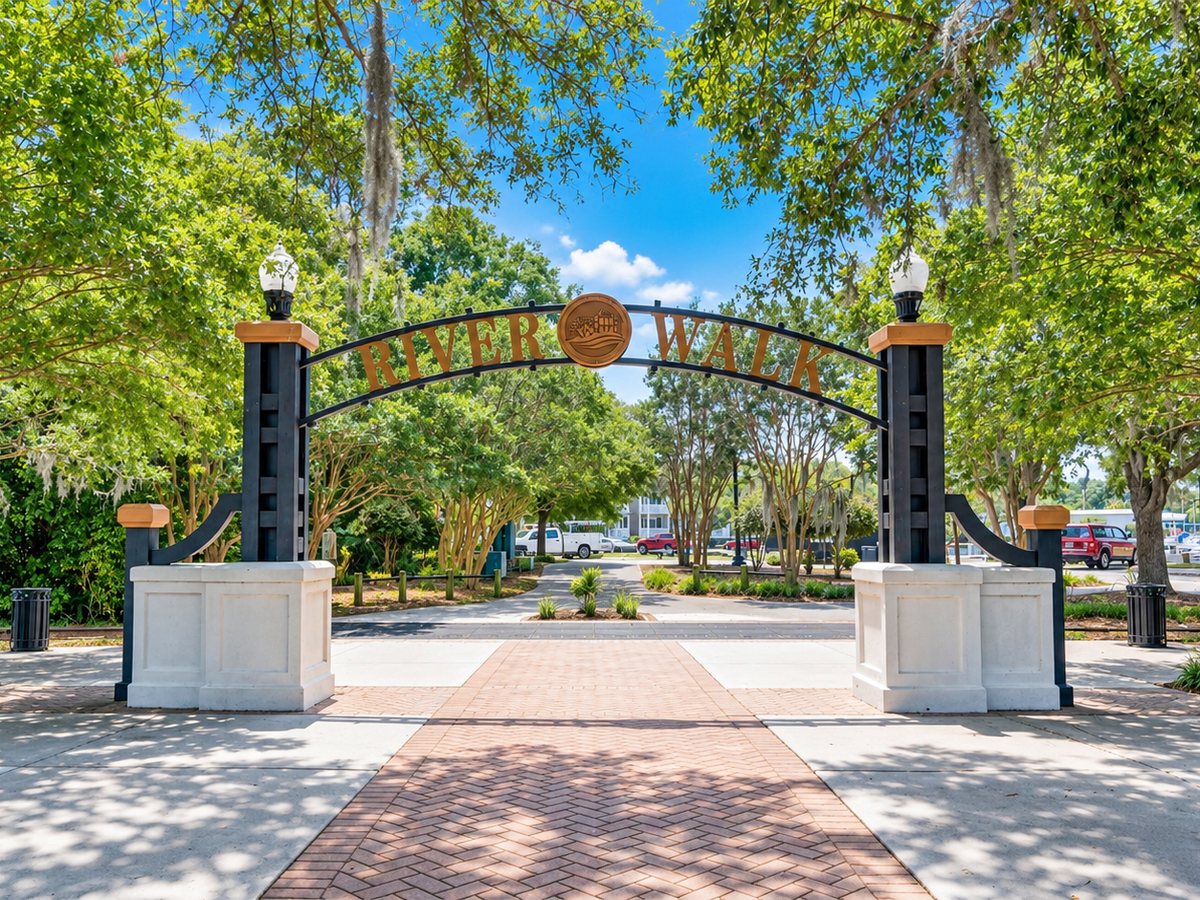 The River Walk entrance arch in downtown Conway