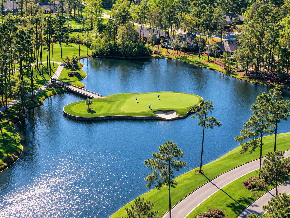 An island green surrounded by water on a golf course in Longs